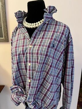 Upcycled Polo Ralph Lauren Button-Up Shirt with ruffle in Purple, Green and Blue